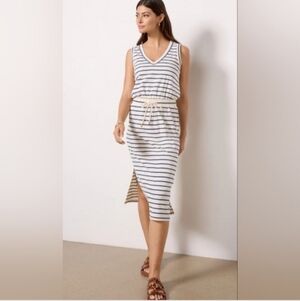 Evereve Alice Blue Striped Sleeveless V Neck Nautical Midi Dress